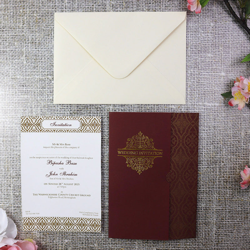 Burgundy and gold foil Wedding invitation Design PMM WI