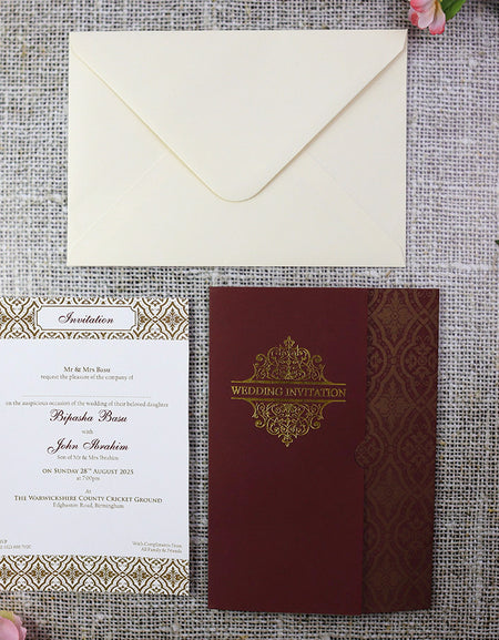 Burgundy and gold foil Wedding invitation Design PMM WI