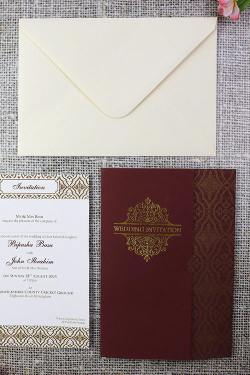 Load image into Gallery viewer, Burgundy and gold foil Wedding invitation Design PMM WI
