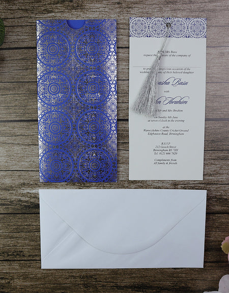RWB Blue Card Damask Silver Foiled Pocket Invitation with Silver Tassel