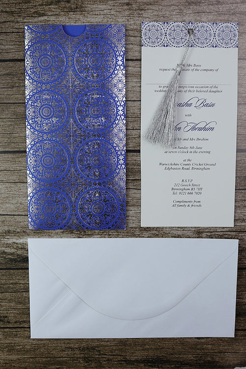 Load image into Gallery viewer, RWB Blue Card Damask Silver Foiled Pocket Invitation with Silver Tassel
