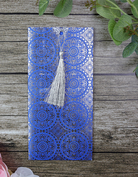 RWB Blue Card Damask Silver Foiled Pocket Invitation with Silver Tassel