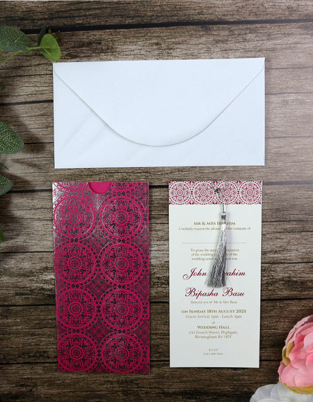 Magenta Foiled Arabesque Design pocket Invitation with silver tassel RWB