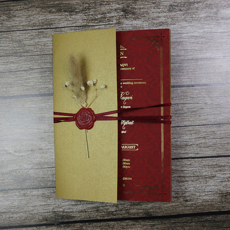 Luxury gold foil wedding invitation A5 red with wax seal, dried flowers, string tie and light gold envelope