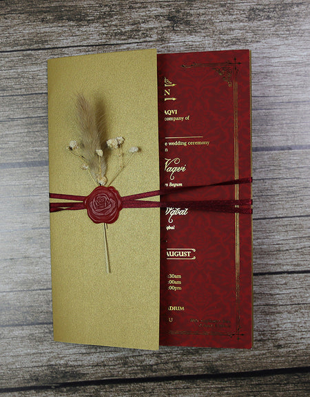 Luxury gold foil wedding invitation A5 red with wax seal, dried flowers, string tie and light gold envelope