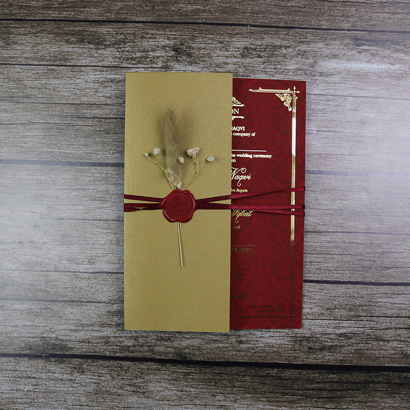 Luxury gold foil wedding invitation red A5 with wax seal, dried flowers, string tie and light gold envelope