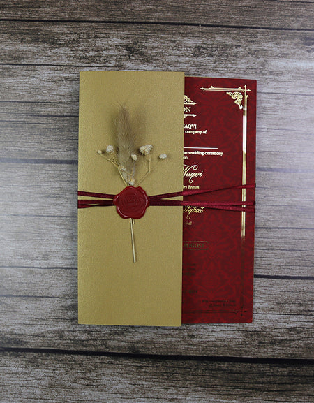 Luxury gold foil wedding invitation red A5 with wax seal, dried flowers, string tie and light gold envelope