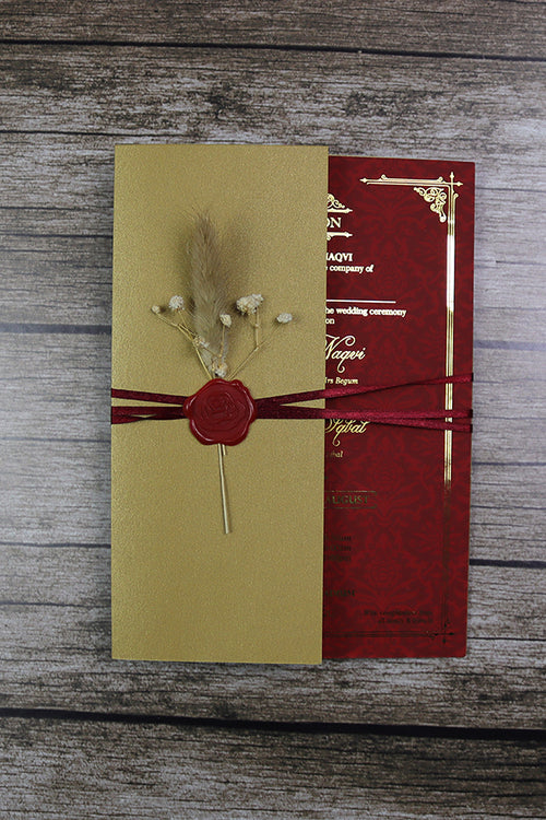 Load image into Gallery viewer, Luxury gold foil wedding invitation red A5 with wax seal, dried flowers, string tie and light gold envelope
