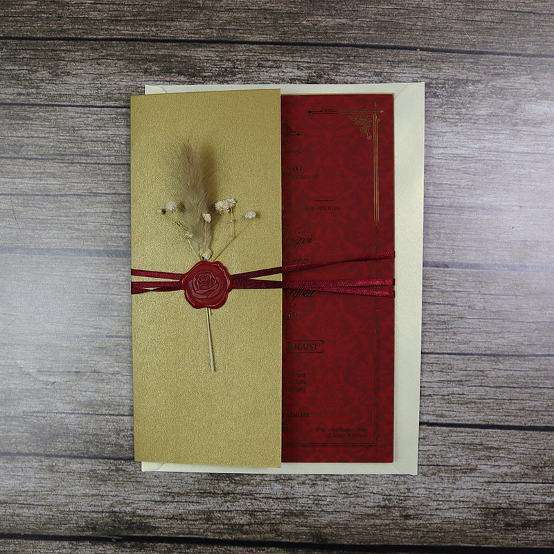 Luxury gold foil wedding invitation A5 red with wax seal, dried flowers, string tie and light gold envelope