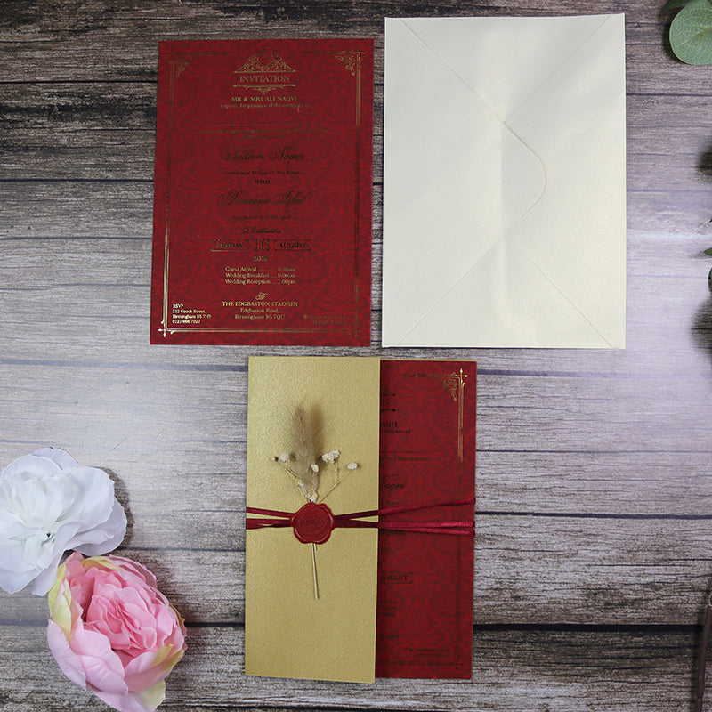 Luxury gold foil wedding invitation A5 red with wax seal, dried flowers, string tie and light gold envelope