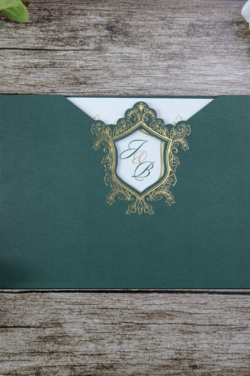 Load image into Gallery viewer, Green Pocket Foiled Invitation SC 1133
