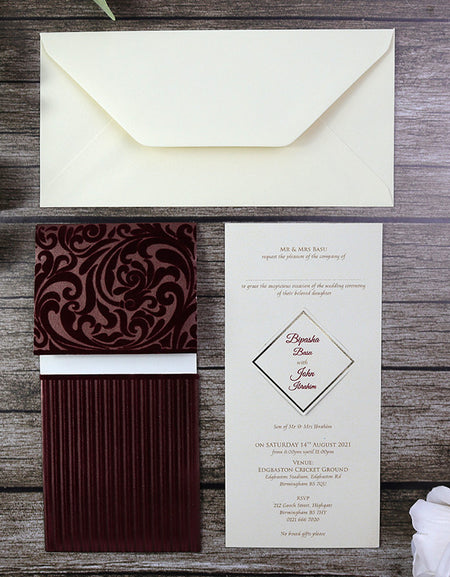 Close-up of Maroon Velvet Pocket Wedding Invitation SC 2696 showcasing customisable diamond-shaped badge from shaadi cards