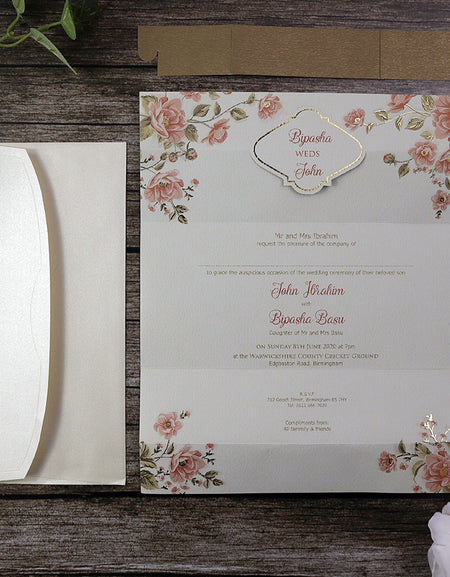 SC 2706 Gorgeous Roses Folded Personalised Band Rustic Invitation