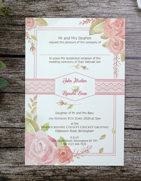 SC 2747 Watercolour peach rose and pearl flat invitation