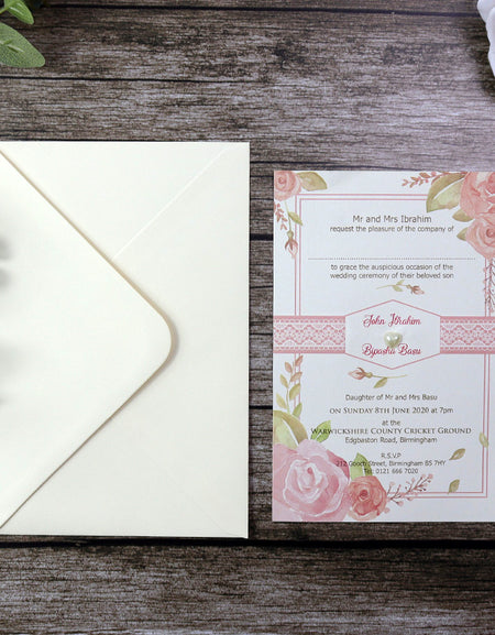 SC 2747 Watercolour peach rose and pearl flat invitation