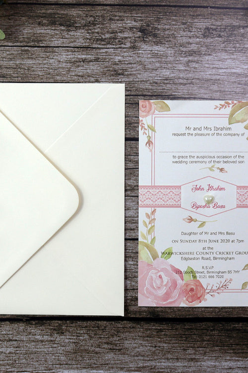 Load image into Gallery viewer, SC 2747 Watercolour peach rose and pearl flat invitation
