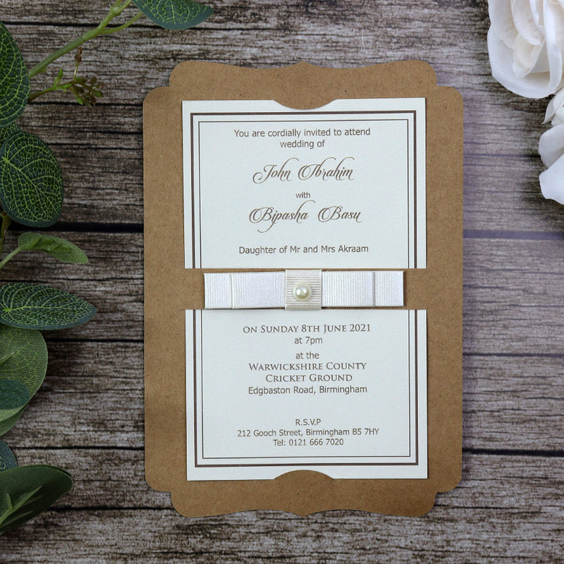 SC 2764 Die cut flat Kraft pearl ribbon invitation