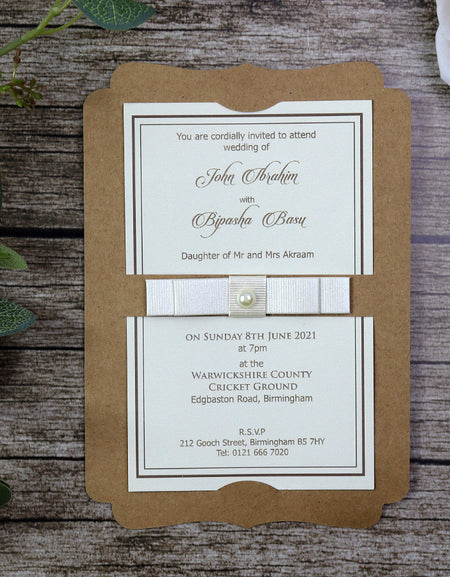 SC 2764 Die cut flat Kraft pearl ribbon invitation