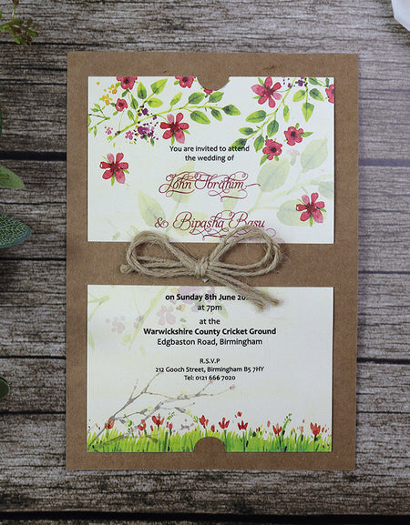 SC 2766 Layered kraft, twine burgundy and green floral invitation