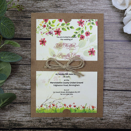 SC 2766 Layered kraft, twine burgundy and green floral invitation
