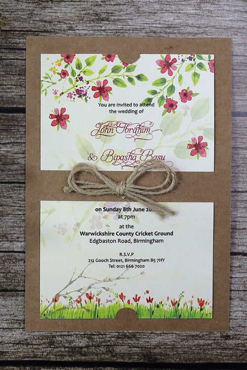 Load image into Gallery viewer, SC 2766 Layered kraft, twine burgundy and green floral invitation
