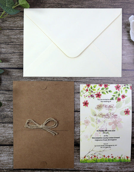 SC 2766 Layered kraft, twine burgundy and green floral invitation