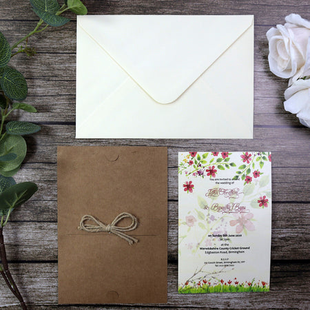 SC 2766 Layered kraft, twine burgundy and green floral invitation
