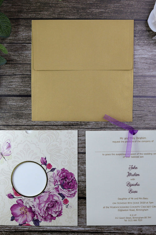 Load image into Gallery viewer, SC 2777 Purple Floral Pocket Invitation with Purple Ribbon
