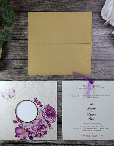 Butterfly pocket invitation card with purple flowers and purple ribbon