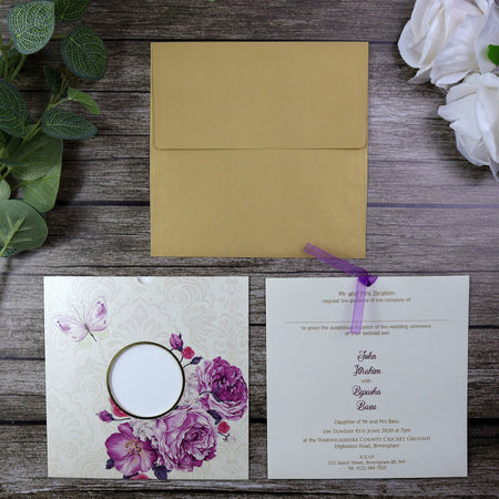 Butterfly pocket invitation card with purple flowers and purple ribbon