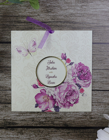Pocket invitation with purple ribbon wedding stationery invitations and circular cutout window