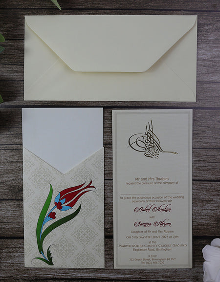 Opened view of the pocket wedding invitations in ivory Gold Pocket foiled Invitations