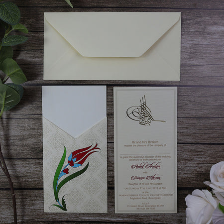 Opened view of the pocket wedding invitations in ivory Gold Pocket foiled Invitations