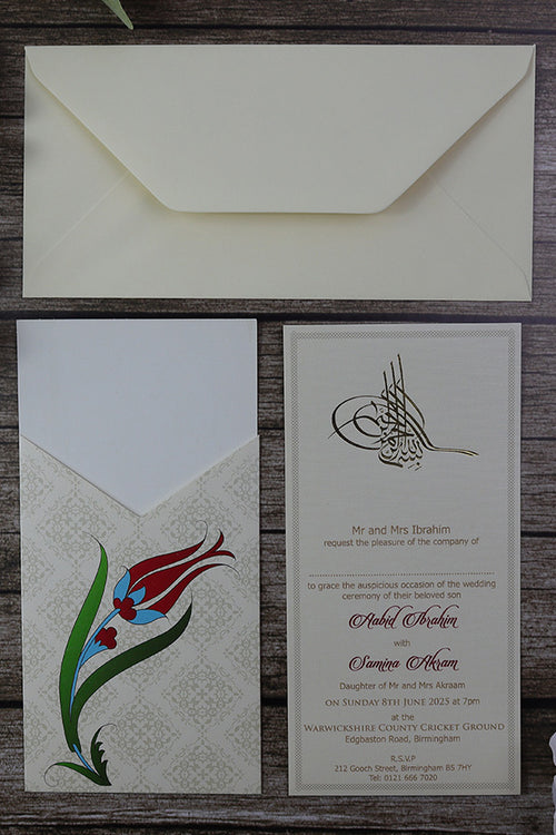 Load image into Gallery viewer, Maroon and Green Tulip flower Damask Muslim Pocket Invite SC 2783

