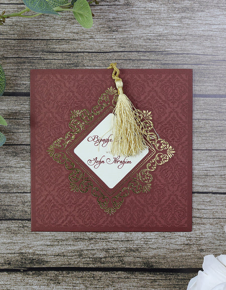 SC 2836 Square Gold Foil Maroon Pattern Pocket Invitation with Tassel