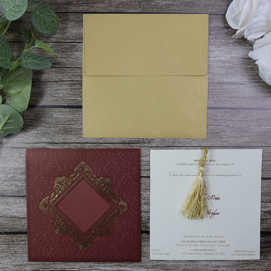SC 2836 Square Gold Foil Maroon Pattern Pocket Invitation with Tassel ...