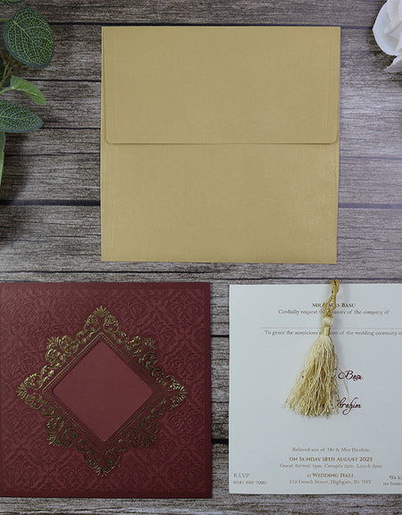 SC 2836 Square Gold Foil Maroon Pattern Pocket Invitation with Tassel