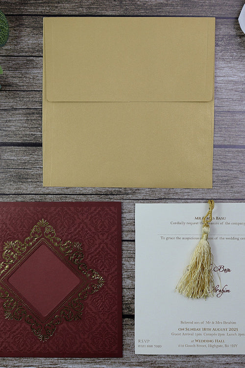 Load image into Gallery viewer, SC 2836 Square Gold Foil Maroon Pattern Pocket Invitation with Tassel
