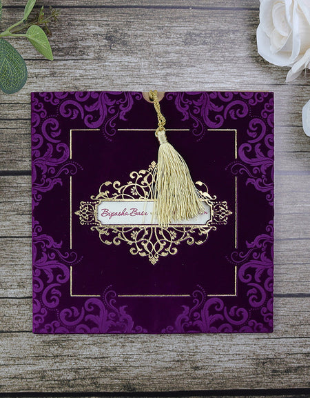 Purple Velvet Pocket Wedding Invitation SC 3707 with foiled accents and customizable cut-out window from shadicards.com