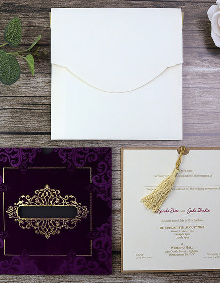 Elegant purple velvet pocket invitation with two shades of purple, foiled accents, and matching tassel shaadi card