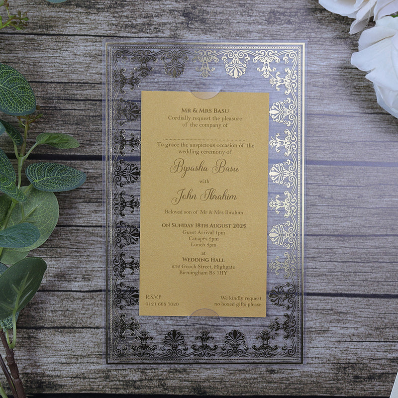 Luxurious Acrylic Wedding Invitations with Gold Foil Accents SC 3731