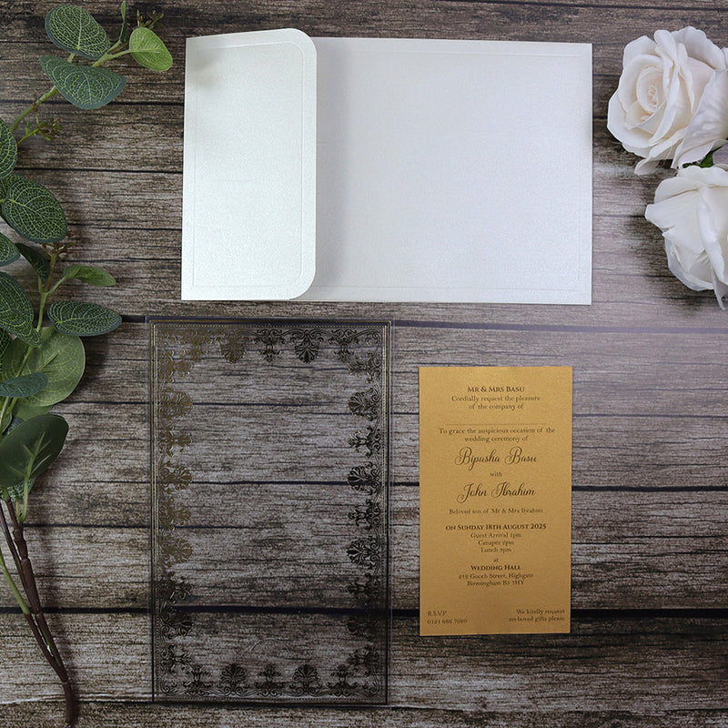 Luxurious Acrylic Wedding Invitations with Gold Foil Accents SC 3731