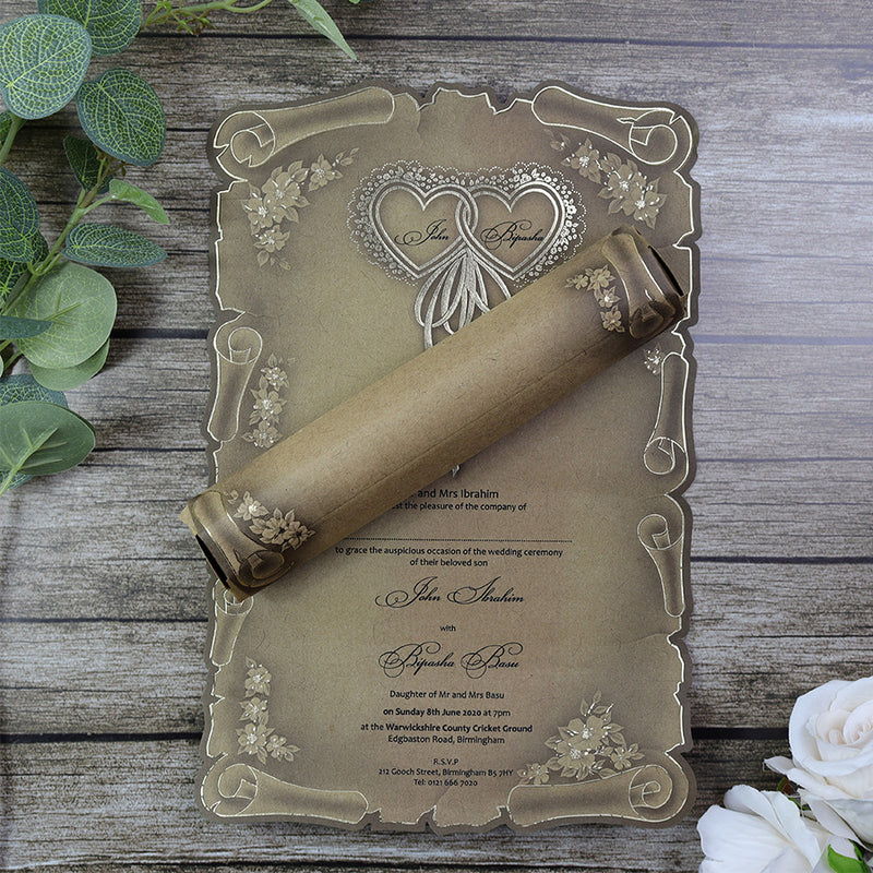 SC 5316 Antique Brown Kraft scroll design party invitation