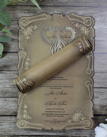 SC 5316 Antique Brown Kraft scroll design party invitation