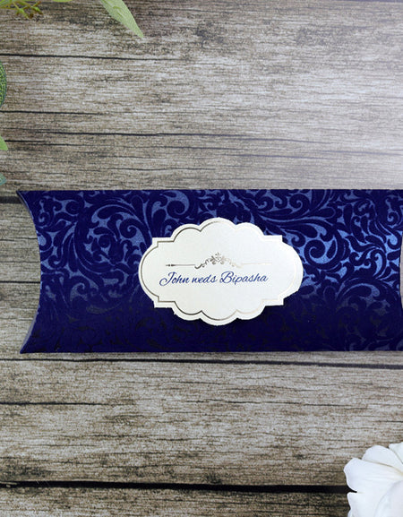 Blue Velvet Pillow Box Invitation SC 5404 featuring intricate filigree design with cream card insert.