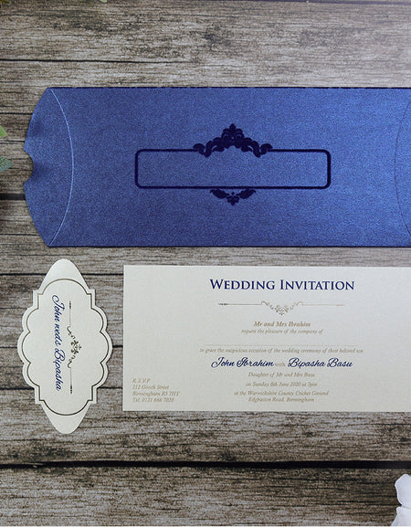 Side view of the Blue Velvet Pillow Box Invitation SC 5404 showcasing the folded box shape and elegant filigree pattern