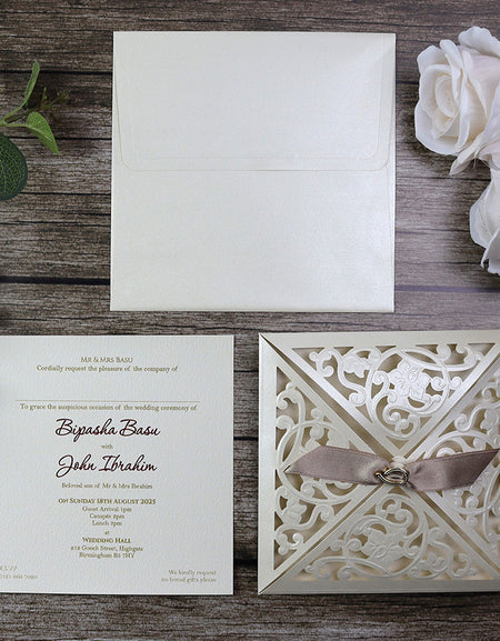 Open view of SC 5448 Invitation, revealing the 4-way opening design with panels displaying event details, crafted from shimmering effervescent cardstock for a dazzling effect.