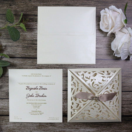 Open view of SC 5448 Invitation, revealing the 4-way opening design with panels displaying event details, crafted from shimmering effervescent cardstock for a dazzling effect.