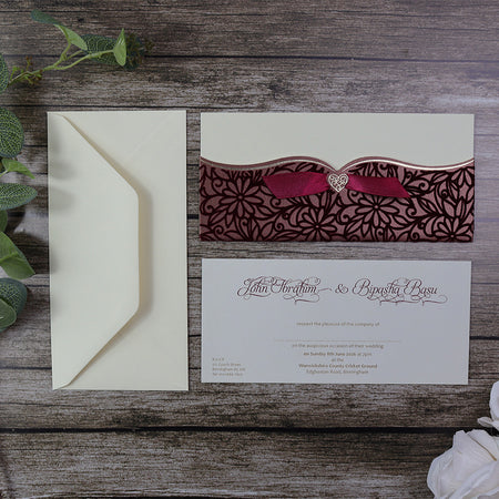 Open view of SC 5464 Maroon Floral Velvet Pocket Invitation, revealing a landscape design with a maroon floral pattern, velvet texture, and a pocket holding event details, complemented by a maroon ribbon for added opulence shadi card.com