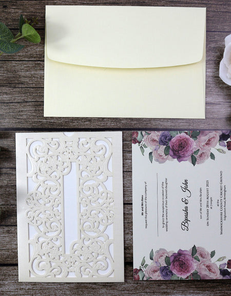 Flat-lay of the SC 5537 Landscape Wedding Invitation, displaying the pocket design and elegant detailing.